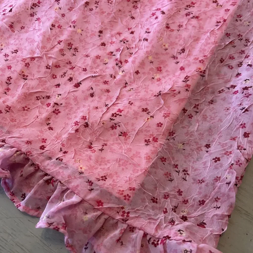 Y2K Byer Too Pink Ditzy Floral Ruffle Hem Mini Sundress Sz 11 Whimsy Cutesy Vtg - Picture 2 of 8